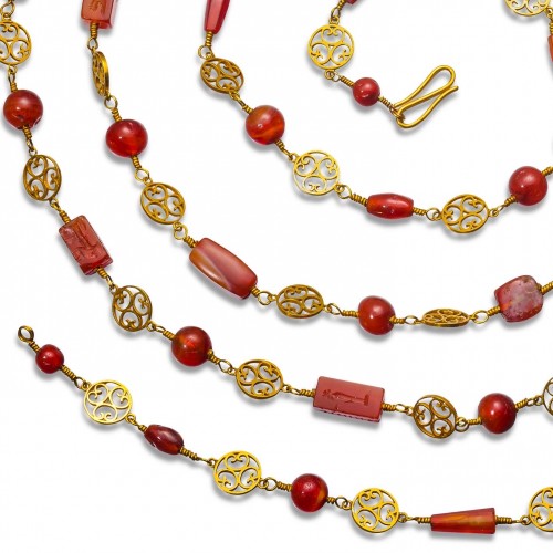 Archeological revival gold long-chain necklace with ancient carnelian intag - 
