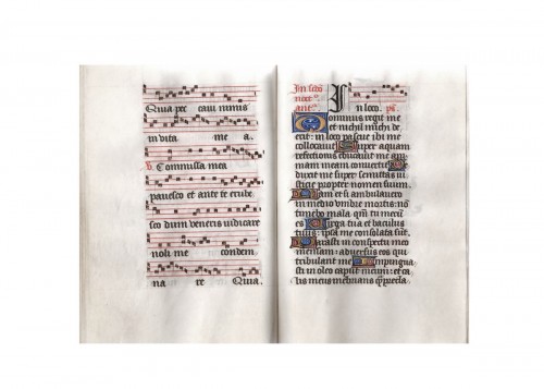 Livre contenant des feuilles d'un Psalter-Hymnal médiéval, France fin du XVe siècle