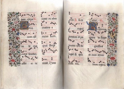 Art sacré, objets religieux  - Livre contenant des feuilles d'un Psalter-Hymnal médiéval, France fin du XVe siècle