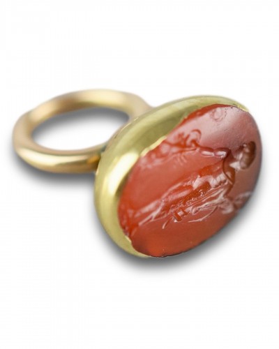 BC to 10th century - Georgian gold fob with a Renaissance carnelian intaglio of the God Mercury.