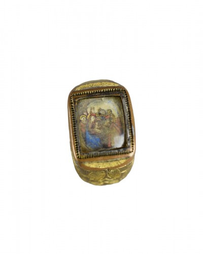 Bague papale en bronze doré sertie d'une miniature enluminée, Italie XVe siècle