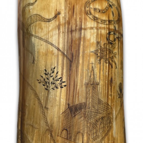 Antiquités - Flacon à poudre gravé en corne de vache de Nouvelle-Galles du Sud de l'Australie XIXe s