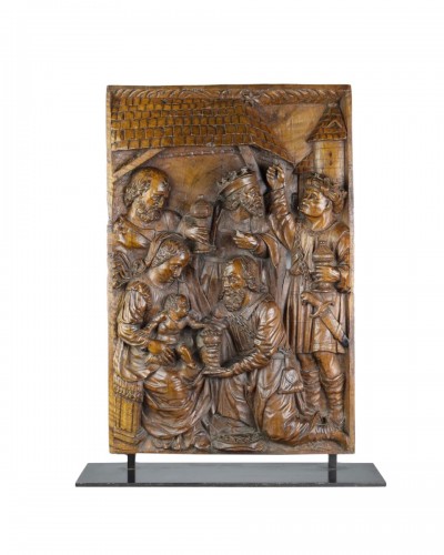 Walnut relief of the adoration of the Magi, Flanders16th century.