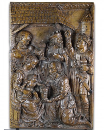 Relief en noyer de l'adoration des Mages, Flandres XVIe siècle. - Sculpture Style 