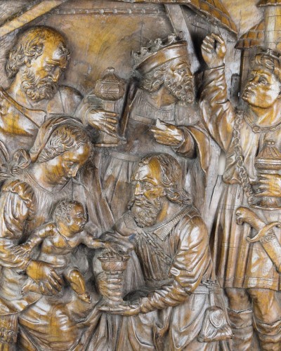 Sculpture  - Walnut relief of the adoration of the Magi, Flanders16th century.