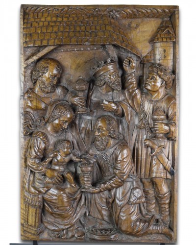 Antiquités - Relief en noyer de l'adoration des Mages, Flandres XVIe siècle.