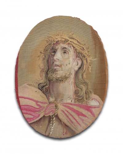 Religious Antiques  - Tapestry fragment with Christ as the man of sorrows. Paris, 18th century.
