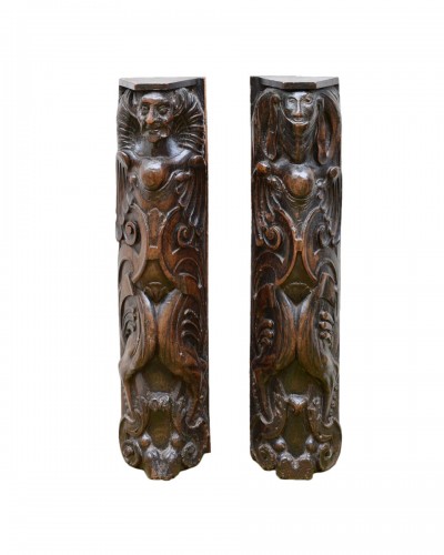 Pair of walnut pilasters in the form of grotesques France 16th century