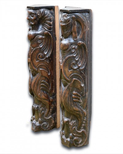 Architectural & Garden  - Pair of walnut pilasters in the form of grotesques France 16th century