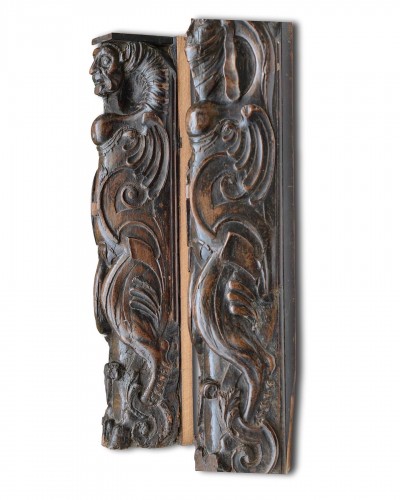 Antiquités - Pair of walnut pilasters in the form of grotesques France 16th century