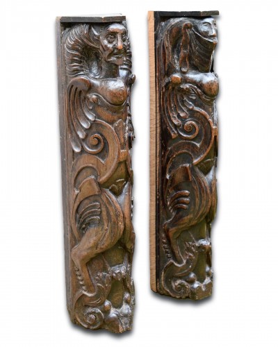 Antiquités - Pair of walnut pilasters in the form of grotesques France 16th century