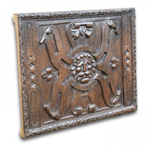 Large walnut panel carved with the head of a lion - 