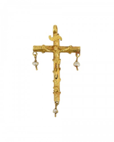 Gold &amp; enamel crucifix pendant with baroque pearls, Spain 16th century