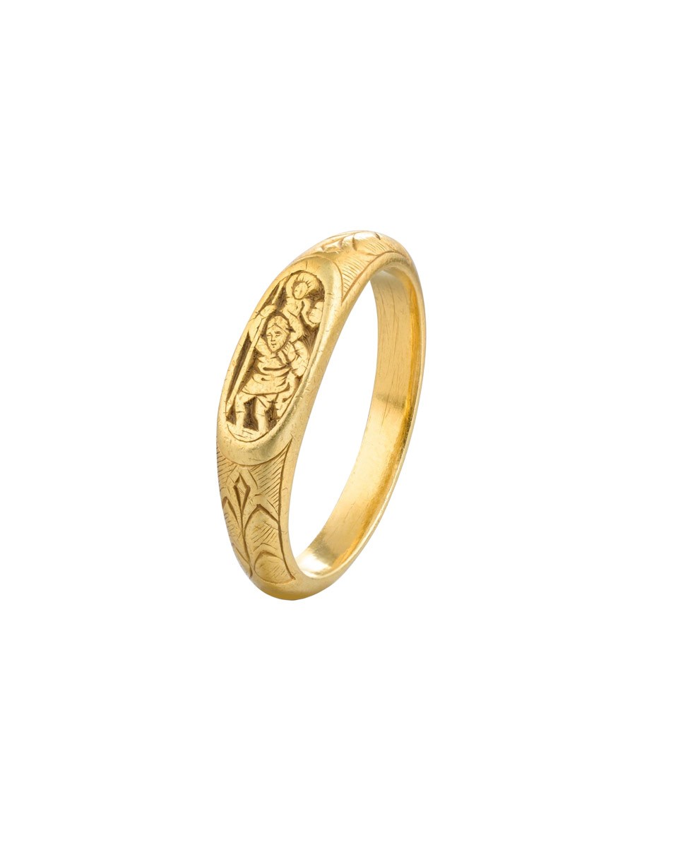 Iconographic gold ring engraved with St. Christopher, England 15th century  - Ref.104321