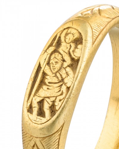 Bague en or iconographique gravée de Saint Christophe, Angleterre XVe siècle - Bijouterie, Joaillerie Style 