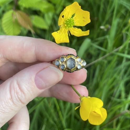  - Gold &amp; enamel ring with faceted pastes or rock crystals. European, 17th cen