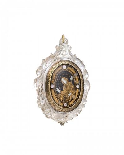 Rock crystal pendant with a verre églomisé miniature. Italian, 17th century