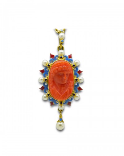 Neo-renaissance Pendant With A Coral Cameo From Ceres. Italian, Around 1880