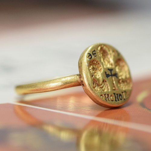 Antiquités - Gold and niello inlaid marriage ring, Byzantine 6th - 7th century AD