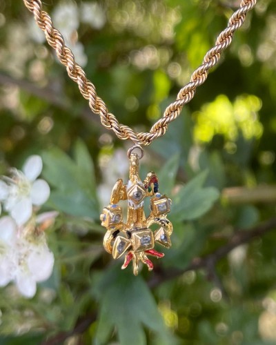 Renaissance revival gold, enamel and diamond Pheonix pendant. - Antique Jewellery Style 