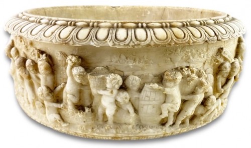 Religious Antiques  - Grand tour alabaster font carved with frolicking putti, Italy 9th century