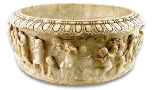 Grand tour alabaster font carved with frolicking putti, Italy 9th century - 