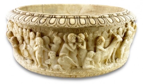 19th century - Grand tour alabaster font carved with frolicking putti, Italy 9th century