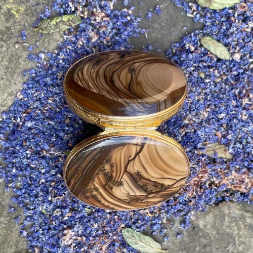 Tabatière en agate de bois pétrifié montée d'or, Angleterre XVIIIe siècle - Objets de Vitrine Style 