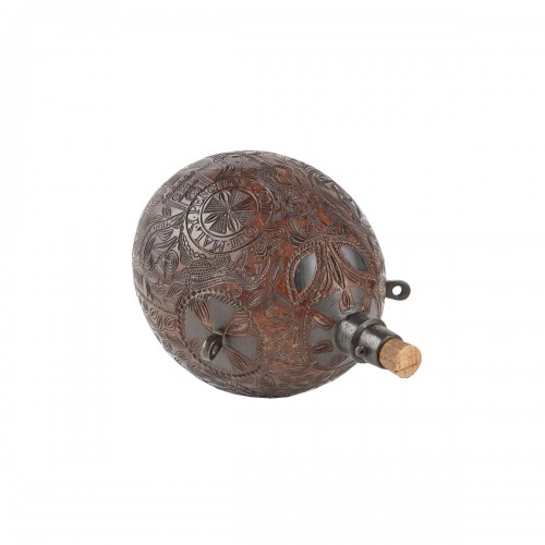 Sailors work engraved coconut bugbear flask. Scottish, early 19th century.