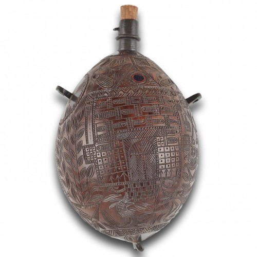 Curiosities  - Sailors work engraved coconut bugbear flask. Scottish, early 19th century.