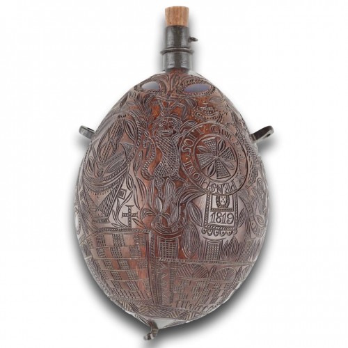 Sailors work engraved coconut bugbear flask. Scottish, early 19th century. - 
