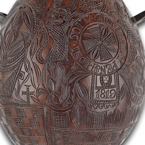 19th century - Sailors work engraved coconut bugbear flask. Scottish, early 19th century.