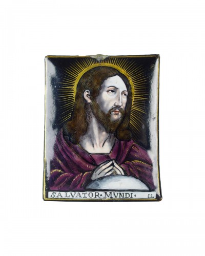 Limoges enamel plaque of Salvator Mundi, Jacques Laudin