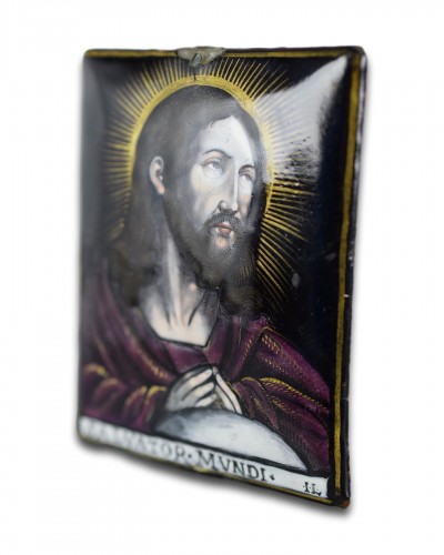 Limoges enamel plaque of Salvator Mundi, Jacques Laudin - Religious Antiques Style 