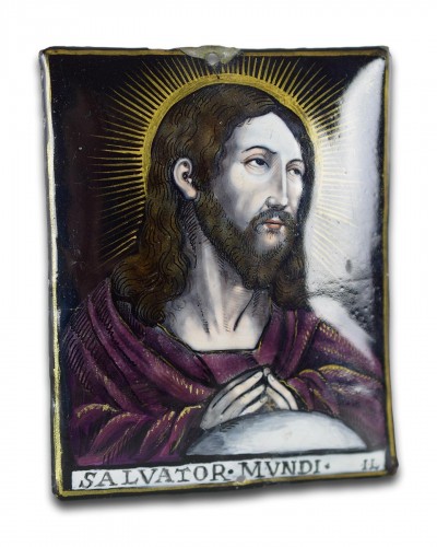 Religious Antiques  - Limoges enamel plaque of Salvator Mundi, Jacques Laudin