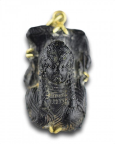  - Fragmentary Egyptian steatite sculpture of a female bust pendant