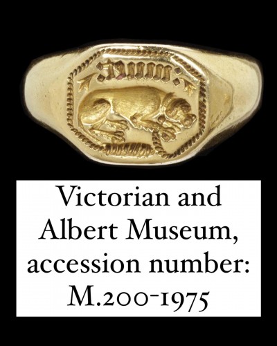 Antiquités - Gold signet ring engraved with a faithful hound