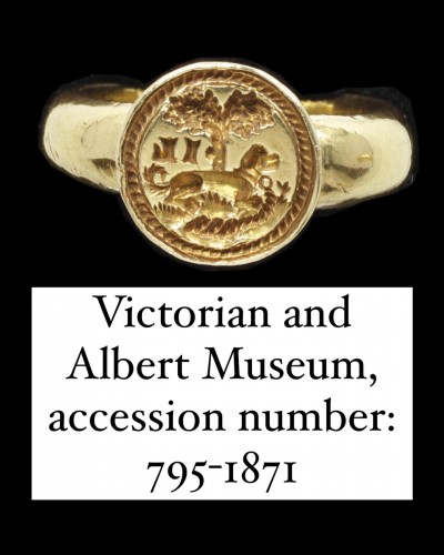 Antiquités - Gold signet ring engraved with a faithful hound