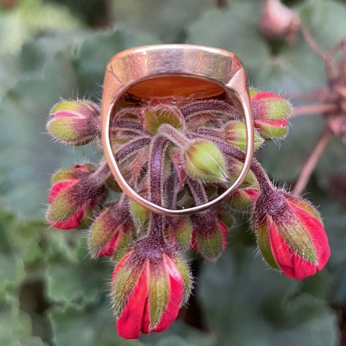 Antiquités - Bague en or avec une intaille romaine représentant une Minerve assise devant un troph