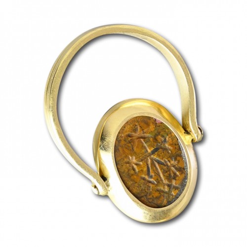 Bijouterie, Joaillerie  - Bague en or magique avec une intaille en pierre d'Abraxas jaspe antique double face