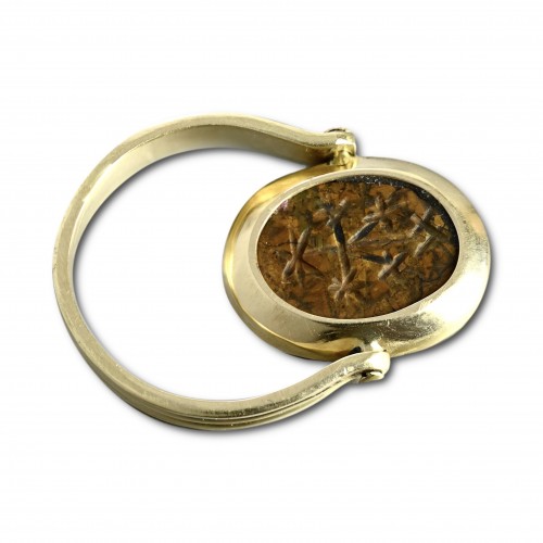 Antiquités - Magical gold ring with Ancient double-sided jasper Abraxas stone intaglio