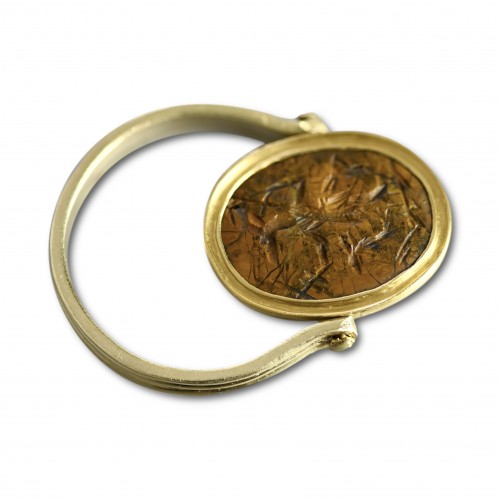 Antiquités - Bague en or magique avec une intaille en pierre d'Abraxas jaspe antique double face