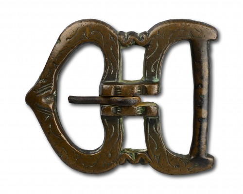 Curiosities  - Two large Medieval bronze buckles