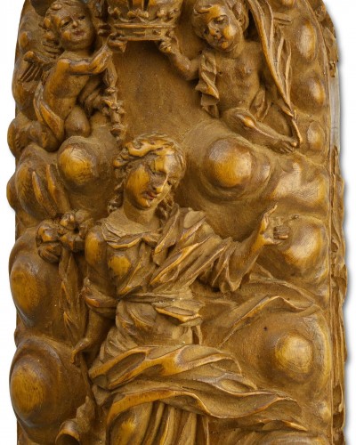 Pilgrims retable in finely carved boxwood. Germany, Bohemia, 18th century - Religious Antiques Style 