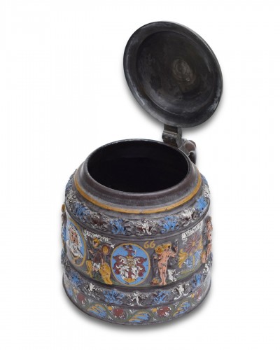 Antiquités - Pewter mounted stoneware tankard dated 1666