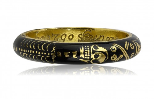 Antiquités - Enamelled gold Skeleton mourning ring, Rngland first half of the 18th cent
