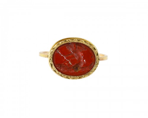 Gold ring with rare ancient jasper intaglio of Eros riding a giant phallus