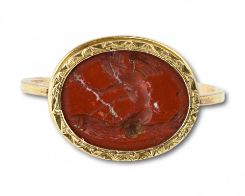 Antique Jewellery  - Gold ring with rare ancient jasper intaglio of Eros riding a giant phallus