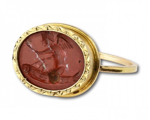 - Gold ring with rare ancient jasper intaglio of Eros riding a giant phallus