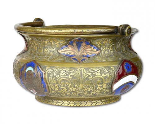 Bronze holy water bucket with enamelled plaques, 17th / 18th centuries - Religious Antiques Style 